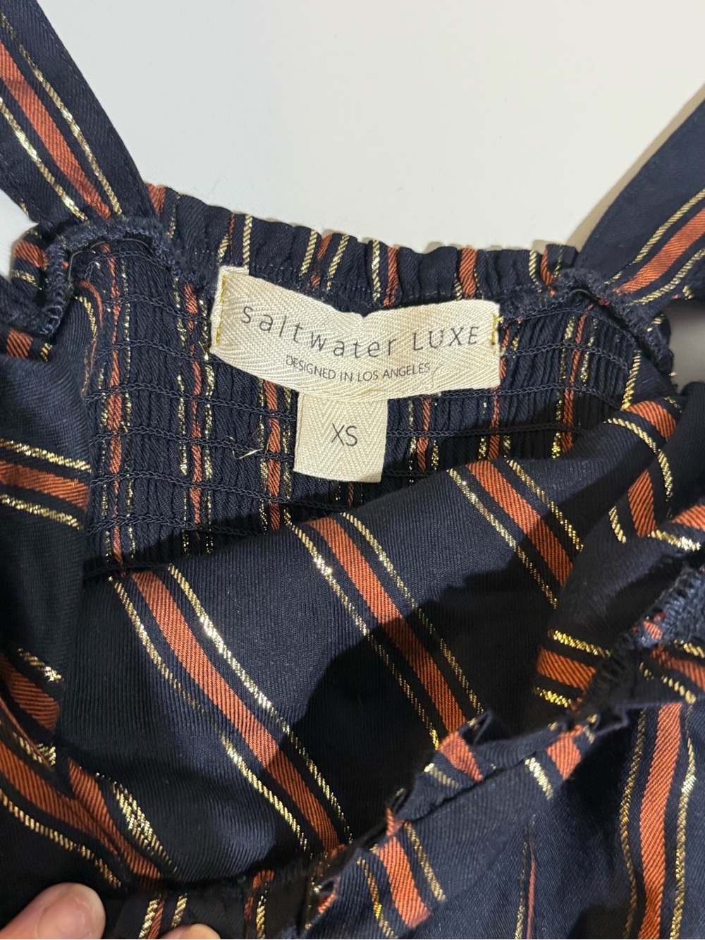 saltwater LUXE Navy Romper with Rust and Metallic Gold Stripes - Picture 5 of 6